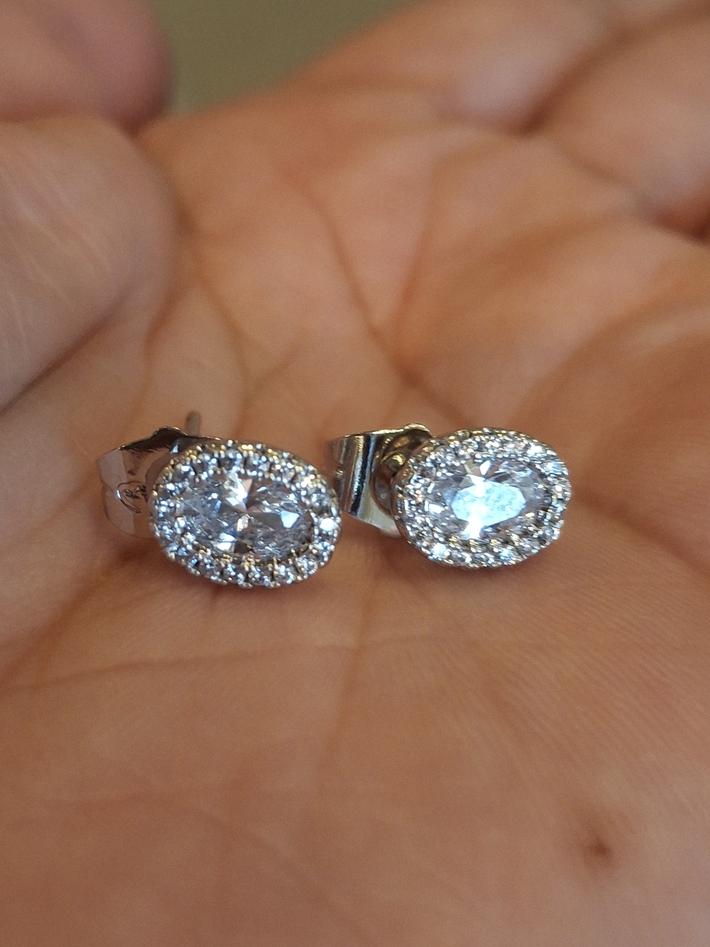 Crystal Halo Oval Stud Earrings - Silver Tone